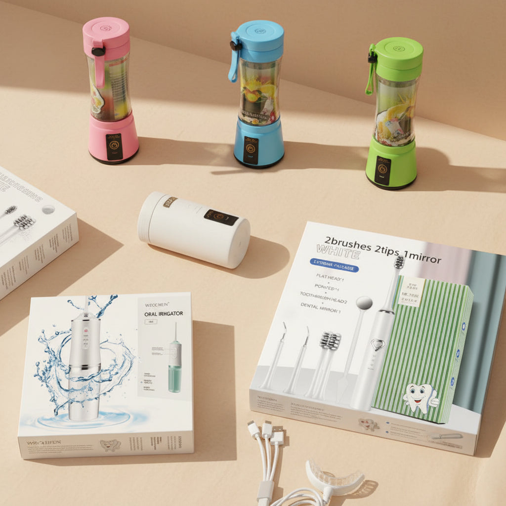 Collage of colorful portable blenders, dental hygiene products, and a water flosser with packaging.