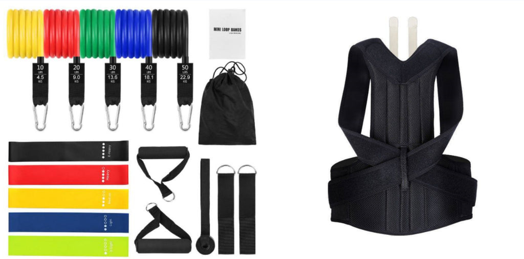 Assorted resistance bands and a black posture corrector on a white background