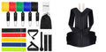 Assorted resistance bands and a black posture corrector on a white background