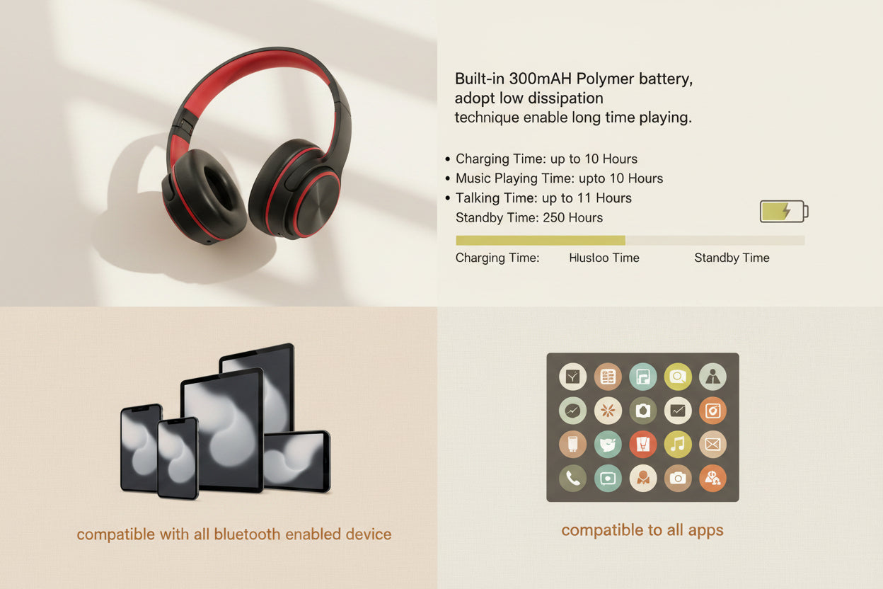 Red and black Bluetooth headphones with product specifications and compatibility information on a white background.