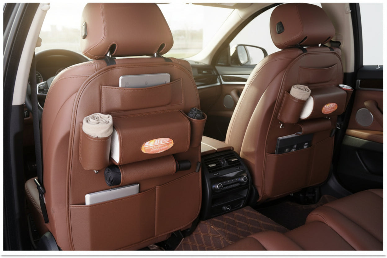 Brown car seat covers with cup holders and storage compartments in a vehicle.