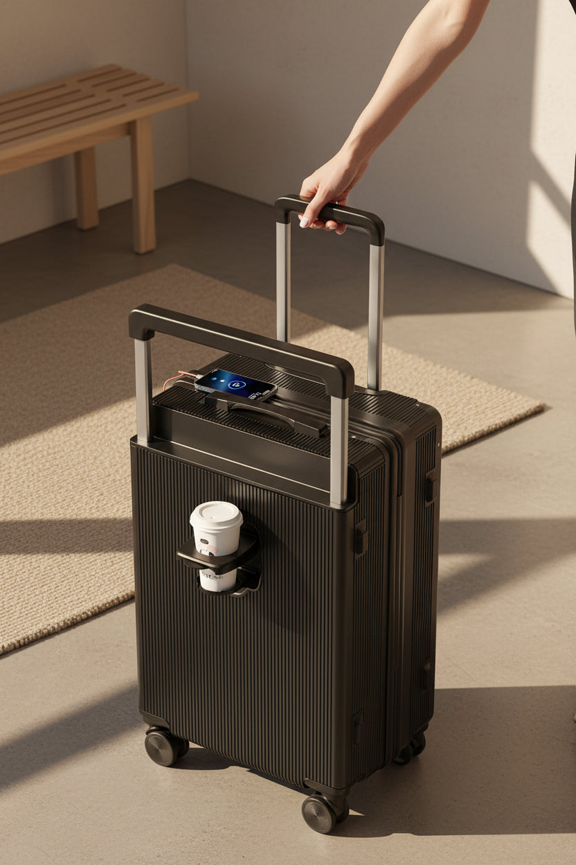 Black suitcase with a cup holder and digital display on a tiled floor.