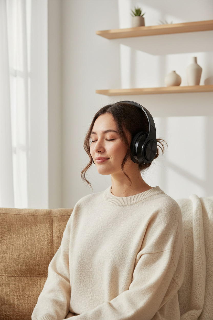 Black headphones on a white background