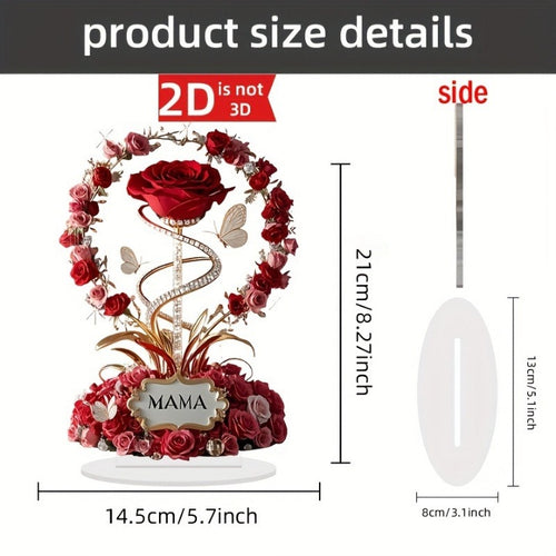 Decorative item with red roses and 'MAMA' sign, shown with measurements on a white background.