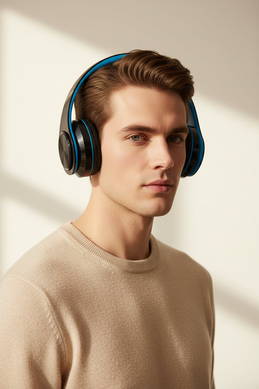 Black and blue headphones on a white background