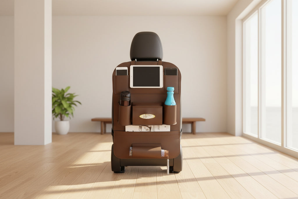 Car seat organizer with multiple pockets and items inside a vehicle