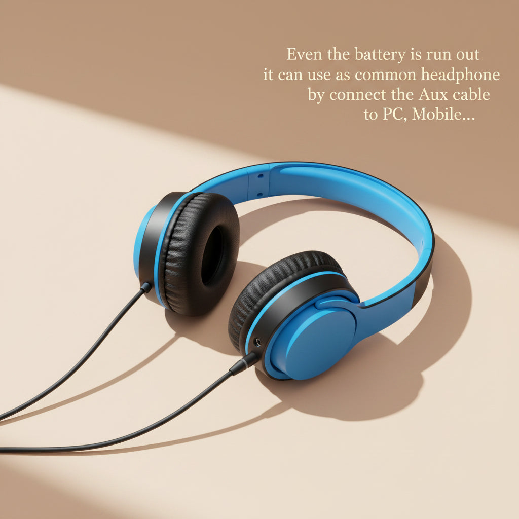 Black and blue headphones with a cable on a white background