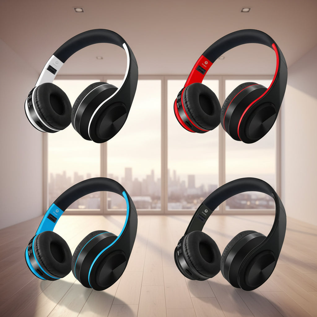 Four pairs of black headphones with colored accents on a white background