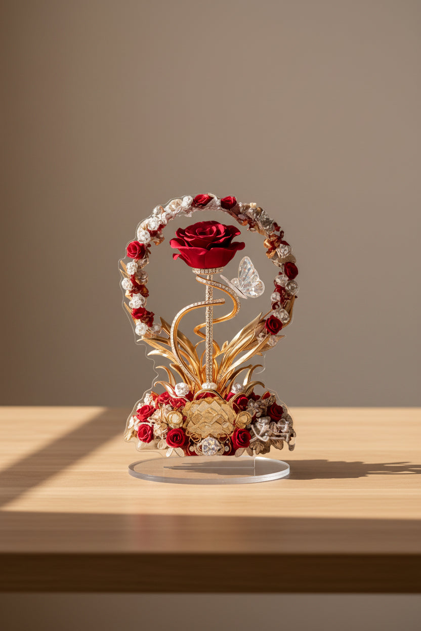 Decorative piece with red rose, gold elements, and crystals on a white background