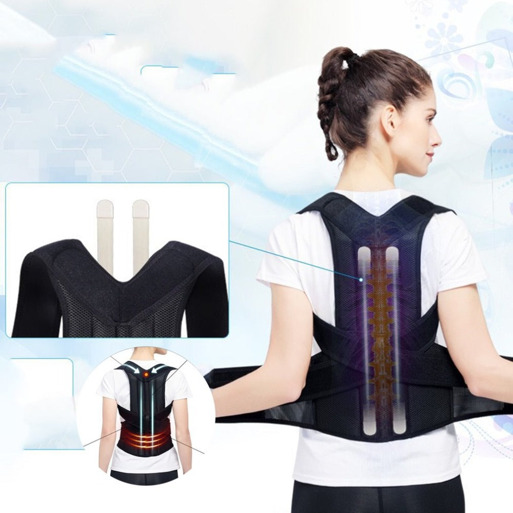 Woman wearing a black posture corrector with inset images showing its design.