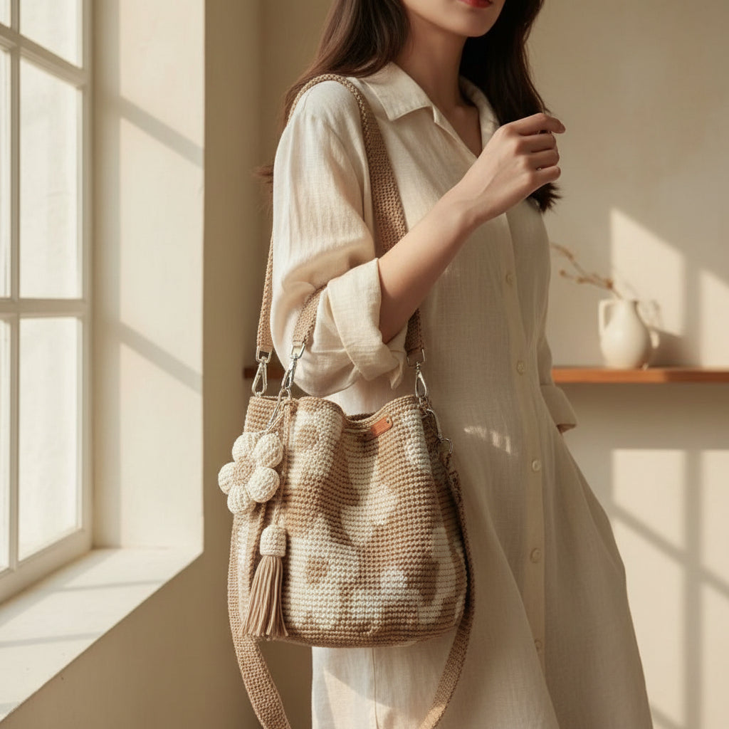 Crocheted handbag with floral keychain and tassel on a textured surface