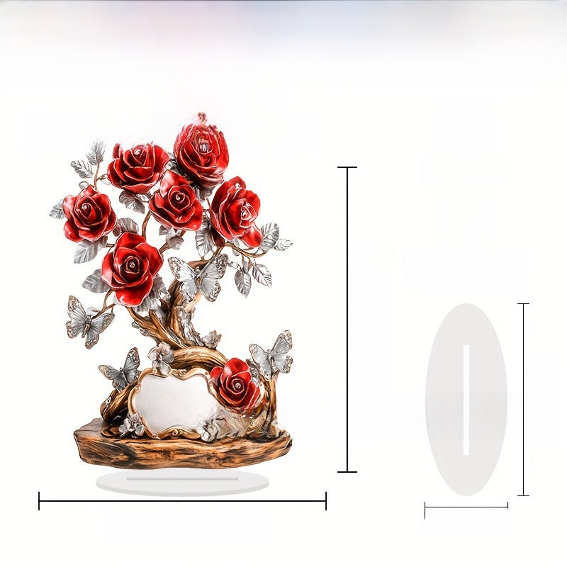 Decorative piece with red roses and butterflies on a white background