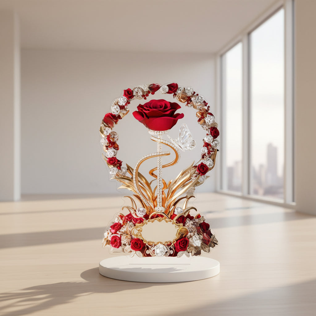 Decorative piece with red roses and gold accents on a wooden surface