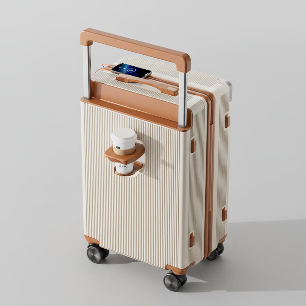 White suitcase with brown handle and accents on a tiled floor.